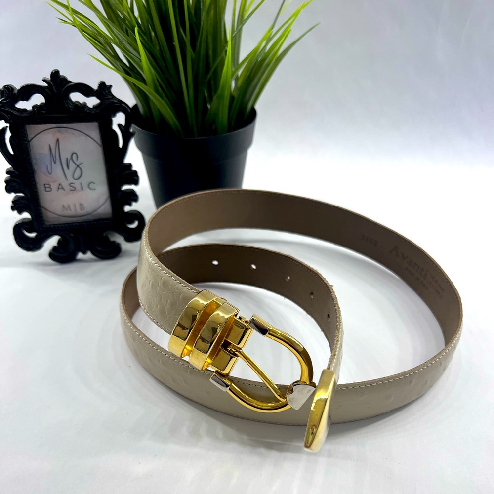 Avanti Genuine Leather Gold/Cream Ostrich Embossed Print Belt, Size 29”-33”